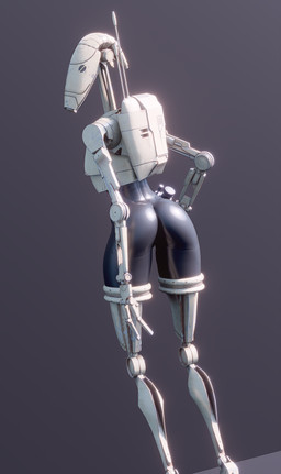 3_fingers antenna_wire backpack barely_visible_genitalia butt female fingers genitals grey_background gun holding_gun holding_object holding_ranged_weapon holding_weapon looking_back machine ranged_weapon simple_background solo standing weapon juanratman pickle_juice_(modeler) star_wars b1_battle_droid battle_droid robot 3d_(artwork) absurd_res blender_(artwork) digital_media_(artwork) hi_res