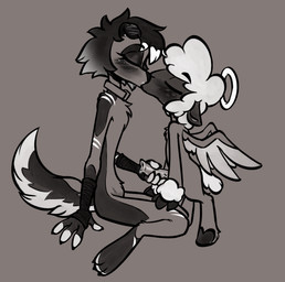 anthro black_body black_fur blush blush_lines bodily_fluids chest_tuft erection eyelashes eyes_closed freckled_face freckles fur genital_fluids genitals glistening_eyelids halo handjob holding_penis kissing long_eyelashes nude penile penis precum romantic scar sex size_difference tail tuft vein veiny_penis wings soulcentinel hellaverse helluva_boss mythology collin_(helluva_boss) molly_(violetechoes) angel bovid canid canid_demon canine caprine cherub demon hellhound mammal mythological_canine mythological_creature sheep monochrome