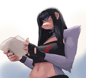anthro bangs clothing facial_piercing female fingerless_gloves fur gloves grey_body grey_fur handwear holding_object holding_paper lip_piercing lip_ring midriff paper piercing ring_piercing solo redustheriotact beth_(redustheriotact) haplorhine mammal monkey primate 2023 hi_res