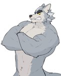 anthro biceps big_muscles clenched_teeth crossed_arms eyebrows fur male muscular muscular_anthro muscular_male navel nude pecs simple_background solo teeth tuft vein white_background jrjresq mythology canid canine canis mammal mythological_canine mythological_creature werecanid werecanine werecreature werewolf wolf 2022 hi_res