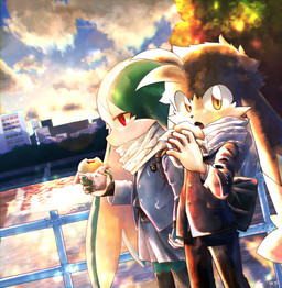 anthro black_body black_fur clothing date duo eating fur green_body green_fur hand_holding jacket kemono long_ears male male/male sunset topwear young young_anthro namuklo bandai_namco klonoa_(series) king_of_sorrow klonoa domestic_cat felid feline felis mammal absurd_res hi_res