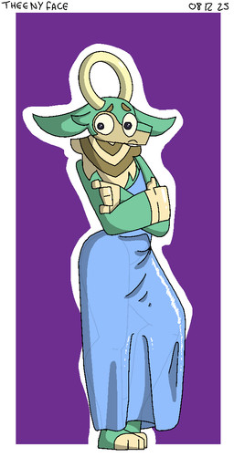 anthro clothed clothing crossdressing crossed_arms dress featureless_crotch femboy glistening glistening_body green_body horn looking_at_viewer male solo standing tiptoes translucent theenyface nintendo the_legend_of_zelda twilight_princess bovid caprine goat mammal ordon_goat