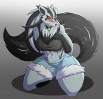 anthro anthrofied big_breasts biped black_body black_fur black_hair blush breasts clothed clothing collar cosplay embarrassed exposure_variation female fur grey_body grey_fur grey_hair hair kneeling long_hair looking_at_viewer neck_tuft pokemorph simple_background small_waist solo thick_thighs tuft wide_hips rakkuguy nintendo pokemon velvela canid canine generation_3_pokemon mammal mightyena pokemon_(species) 2019 digital_media_(artwork) hi_res