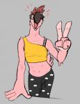 anthro beak clothed clothing crossdressing eyewear gesture glasses hand_gesture male open_mouth simple_background solo standing v_sign ritts natey_(ritts) avian bird flamingo nonbinary_(lore)