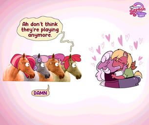 anthro blonde_hair bracelet clothing dialogue female group hair heart_symbol horn jewelry kissing male text xconitox friendship_is_magic hasbro my_little_pony mythology yoshi_and_toad_kissing apple_bloom_(mlp) babs_seed_(mlp) big_macintosh_(mlp) cheerilee_(mlp) scootaloo_(mlp) sweetie_belle_(mlp) earth_pony equid equine horse mammal mythological_creature mythological_equine pony unicorn english_text hi_res meme