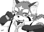 anthro braided_hair braided_ponytail eyebrows hair male necktie ponytail slightly_chubby solo suspenders thick_eyebrows young young_anthro hijirinoyuta lifewonders tokyo_afterschool_summoners zhurong_(tas) ailurid mammal red_panda monochrome