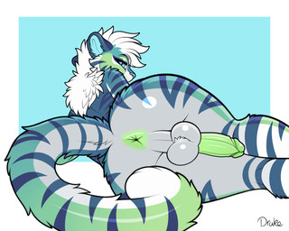 anthro anus backsack balls blue_body blue_eyes blue_fur butt femboy fur genitals glans green_anus green_body green_fur green_penis hair humanoid_genitalia humanoid_penis looking_at_viewer looking_back looking_back_at_viewer lying male nude_male on_side penis presenting presenting_hindquarters solo white_hair conditional_dnp drako1997 felid mammal pantherine tiger 5:4 hi_res