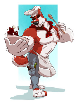 4_fingers 4_toes anthro apron beard black_nose bottle bottomwear bowl brown_hair chef_hat clothed clothing container cutlery denim denim_bottomwear denim_clothing eyebrows facial_hair feet fingers food fur hair hat headgear headwear jeans kerchief kitchen_utensils male multicolored_body multicolored_fur muscular muscular_anthro muscular_male neckerchief neckwear pants pecs plantigrade red_body red_fur simple_background solo spoon standing thick_eyebrows toes tools topless two_tone_body two_tone_fur white_body white_fur eclipticafusion beef_stroganov canid canine canis domestic_dog husky hybrid mammal nordic_sled_dog spitz wolf wolfdog 2015 3:4