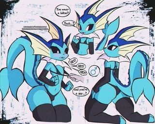 anthro anthro_focus armwear bikini black_sclera blue_body blush bulge butt clothing dialogue femboy legwear male male_focus solo_focus speech_bubble swimwear text thigh_highs two-piece_swimsuit daxterado nintendo pokemon eeveelution generation_1_pokemon pokemon_(species) vaporeon 2026 5:4 english_text url