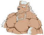 5:4 anthro brown_body brown_fur bust_portrait canid canine canis daily-incineroar demon fangs fur hair hi_res lifewonders male mammal marchosias_(tas) muscular muscular_anthro muscular_male nude pecs portrait red_eyes scar simple_background solo teeth tokyo_afterschool_summoners white_background white_hair wolf