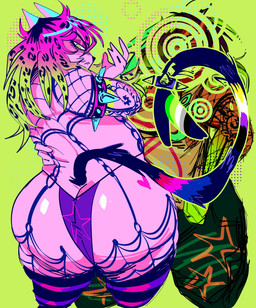 accessory anthro arm_tattoo armband big_butt blonde_highlights bottom_heavy butt clothing femboy fishnet_clothing fishnet_topwear forked_tail fur furgonomics garter_straps hair half-closed_eyes highlights_(coloring) huge_butt jojo_pose legwear male narrowed_eyes panties pear-shaped_figure pink_body pink_fur pink_hair slightly_chubby slightly_chubby_anthro slightly_chubby_male solo spiked_armband spiked_tailband spikes stockings stubble tail tail_accessory tailband tattoo thick_thighs topwear underwear unusual_anatomy unusual_tail wide_hips gat0pussy24 domestic_cat felid feline felis mammal absurd_res hi_res nonbinary_(lore)