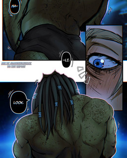 blue_eyes clothing dreadlocks male markings muscular muscular_humanoid muscular_male pseudo_hair rear_view size_difference spots spotted_body underwear acethemutant predator_(franchise) alien human humanoid mammal yautja comic hi_res