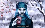 5_fingers anthro beverage blue_hair clothed clothing coffee detailed_background female fingers fur green_eyes hair long_hair looking_at_viewer smile solo text white_body white_fur winter winter_hat goatesque canid canine canis domestic_dog mammal 2020 digital_media_(artwork) hi_res