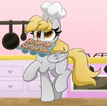 blonde_hair chef_hat clothing cutie_mark feathered_wings feathers female feral food grey_body grey_feathers grey_wings hair hat headgear headwear hooves kitchen muffin object_in_mouth orange_eyes quadruped solo wings kittyrosie friendship_is_magic hasbro my_little_pony mythology derpy_hooves_(mlp) equid equine horse mammal mythological_creature mythological_equine pegasus pony 2021 absurd_res hi_res