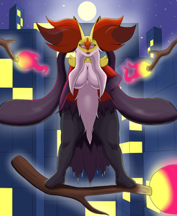 anthro anthrofied big_breasts breasts broom broom_riding building cleaning_tool convenient_censorship detailed_background feet female fingers fire front_view fur glowing glowing_eyes grey_body grey_fur hair huge_breasts inner_ear_fluff looking_at_viewer looking_down moon multicolored_body multicolored_fur night nipple_outline nude open_mouth pokemorph purple_body purple_fur red_body red_eyes red_fur smile solo standing star thick_thighs tuft white_body white_fur wide_hips yellow_body yellow_fur guydude01 nintendo pokemon canid canine generation_9_pokemon mammal mega_delphox mega_evolution pokemon_(species) absurd_res digital_media_(artwork) hi_res