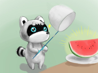anthro biped black_nose blue_eyes chibi food fruit melon multicolored_body plant simple_background slightly_chubby solo two_tone_body watermelon watermelon_slice nyatadekoko2705 shirojirou mammal procyonid raccoon 2020