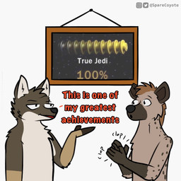 4_fingers anthro black_eyes brown_body brown_fur clapping dialogue duo fingers fur gameplay_mechanics humor simple_background standing text white_background sparecoyote lego star_wars spare_(sparecoyote) canid canine canis coyote hyena mammal 1:1 2020 english_text
