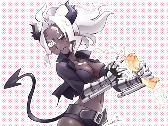 belt black_body black_bra black_clothing black_jacket black_topwear black_underwear blush bra breasts clothing collarbone female food food_on_face hair holding_food holding_object horn jacket medium_breasts navel one_eye_closed pancake prosthetic prosthetic_arm prosthetic_limb tail topwear underwear wavy_mouth white_eyes white_hair noaharbre helltaker judgement_(helltaker) demon horned_humanoid humanoid tailed_humanoid hi_res