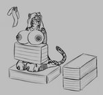 anthro big_breasts blindfold breast_torture breasts crush female hair long_hair nipple_piercing nipples pedestal piercing punishment restrained slim solo torture torture_device vainovalkea felid mammal pantherine hi_res monochrome