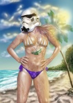 armor auburn_hair beach bikini breasts clothed clothing detailed_background dripping female glare hair hands_on_hips headgear helmet jewelry long_hair medallion necklace not_furry outside plant pose sand sea seaside skimpy sky solo sun swimwear tree two-piece_swimsuit water wet what the_charlie_art star_wars stormtrooper human mammal grandfathered_content