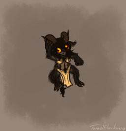 abstract_background anthro black_hair bottomwear bra chibi clothed clothing curled_horn dancing female fingers fur glowing glowing_eyes grey_body grey_fur hair hooved_fingers hooves horn loincloth multicolored_body multicolored_fur orange_eyes pubes solo tan_body tan_fur underwear taraelblackwing lesoroga_(taraelblackwing) bovid caprine caprine_demon deity demon mammal animated gynomorph_(lore)