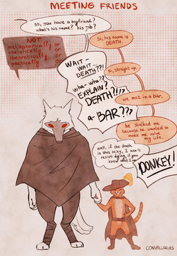anthro barefoot belt belt_buckle black_claws black_nose boots bottomwear buckle cape clasp claws cloak clothed clothing dialogue digitigrade duo exclamation_point facial_markings feathers feet fingernails fist flirting flirting_look fluffy fluffy_tail footwear fur grey_body grey_fur group half_clothed hand_holding hand_on_hip happy hat hat_feather head_markings headgear headwear holster humor interspecies introduction larger_anthro larger_male long_tail loose_feather male male/male markings mask_(marking) melee_weapon multicolored_body multicolored_fur nails no_pupils no_shoes orange_body orange_fur orange_stripes pants partially_clothed pink_background plantigrade pointy_ears poncho prick_ears proud question_mark rapier red_eyes romantic romantic_couple sharp_fingernails sharp_nails shoes simple_background size_difference smaller_anthro smaller_male smile speech_bubble standing string striped_body striped_fur striped_markings striped_tail stripes sword tail tail_markings talking_to_another teasing text two_tone_body two_tone_fur weapon weapon_holster white_background white_body white_fur convallarias dreamworks puss_in_boots_(franchise) shrek_(series) death_(puss_in_boots) puss_in_boots_(dreamworks) canid canine canis domestic_cat felid feline felis mammal tabby_cat wolf 2023 english_text hi_res signature spanish_text
