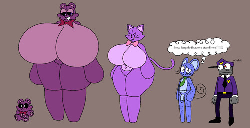 anthro bald big_breasts biped black_sclera blue_body blue_glans bodily_fluids bow_tie breasts clothing constricted_pupils dialogue eye_bags eyebrows eyelashes featureless_breasts featureless_chest female fist flaccid frown genitals glans green_necktie grey_background grey_body group hat headgear headwear huge_breasts hyper hyper_breasts larger_anthro larger_female licking licking_lips licking_own_lips looking_at_another looking_at_viewer male motion_lines multicolored_body neck_bow necktie nervous nude nude_anthro one_eye_half-closed open_mouth open_smile pawpads paws penis pink_tongue plushie pupils purple_body purple_clothing purple_hat purple_headwear question_mark red_bow red_eyes round_ears scared shaking simple_background simple_eyes size_difference small_pupils smaller_human smaller_male smile standing sweat sweating_profusely text thought_bubble three-quarter_view tongue tongue_out two_tone_body vulva whiskers white_pupils wide_eyed gremlingrounded lovedoll_toy_factory catti_(gremlingrounded) jerri_(gremlingrounded) nightguard_(gremlingrounded) teddibear_(gremlingrounded) animate_inanimate bear domestic_cat felid feline felis human living_plushie mammal mouse murid murine rodent teddy_bear_(species) 2024 aliasing digital_media_(artwork) english_text hi_res