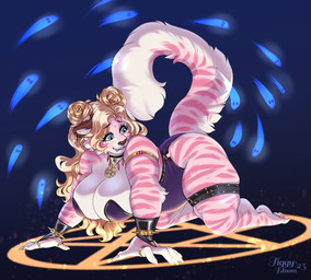 all_fours anthro big_breasts blonde_hair blue_eyes breasts cleavage clothed clothing female fur glistening glistening_eyes hair huge_breasts long_hair magic magic_circle markings occult_symbol pentagram pink_body pink_fur purple_clothing purple_topwear solo striped_arms striped_legs striped_markings striped_tail stripes symbol tail tail_markings topwear white_body white_fur tiggybloom marzipan_(tiggybloom) felid mammal pantherine tiger 2023