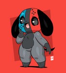 ambiguous_gender anthro eyelashes hand_on_cheek open_mouth open_smile red_background short_stack simple_background smile solo standing thick_thighs joaoppereiraus nintendo nintendo_switch switch_dog switchy_(joaoppereiraus) animate_inanimate canid mammal 2021 hi_res signature