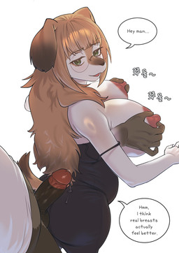 anthro anthro_on_anthro areola balls big_breasts big_butt big_penis black_nose bodily_fluids breast_grab breasts butt clothed clothed_sex clothing curvy_figure dripping duo erection eyelashes eyewear female fur genital_fluids genitals glasses hair hand_on_breast huge_breasts humanoid_genitalia humanoid_penis long_hair looking_back male male/female nipples penis precum precum_drip sex simple_background smile snout speech_bubble tail text thick_thighs voluptuous white_body white_fur wide_hips kissxmaker canid canine canis domestic_dog mammal 2026 absurd_res english_text hi_res korean_text