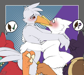 anthro anthro_on_feral bestiality blush bottomless chastity_cage chastity_device clothed clothing cowgirl_position eye_contact feral from_front_position gesture group hand_gesture holding_another hug kissing knot knotting knotting_symbol looking_at_another making_out male male/male on_bottom on_lap on_top sex sitting sitting_on_another sitting_on_lap thumbs_up benji_(artist) final_fantasy square_enix comet_(an_dork) drake_(an_dork) maverick_chocobo stork_dude anatid anseriform avian bird chocobo duck stork absurd_res hi_res