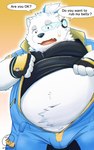 anthro band-aid bandage belly big_belly black_nose bulge dialogue fur humanoid_hands kemono male navel overweight overweight_male solo text white_body white_fur 5groo5 lifewonders live_a_hero yohack canid canine canis domestic_dog mammal 2024 5:8 english_text hi_res