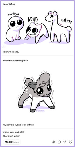 ambiguous_gender blue_border border cheek_tuft chest_tuft facial_tuft feral fur grey_body grey_fur group head_tuft screencap screencap_background shaking spots text tuft white_body white_fur oatdote third-party_edit autism_creature tumblr dote_(oatdote) tbh_(character) deer mammal tbh_creature unknown_species cel_shading english_text hi_res meme screencap_edit shaded traced