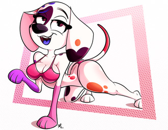 abstract_background aged_up all_fours anthro anthrofied big_breasts big_butt bikini biped black_markings black_nose blue_tongue breasts butt cleavage clothed clothing eyebrows fangs female female_anthro floppy_ears fur geometric_background long_ears markings open_mouth pattern_background pink_bikini pink_bikini_bottom pink_bikini_top pink_clothing pink_swimwear raised_eyebrow simple_background solo spots spotted_body spotted_fur swimwear tail teeth tongue two-piece_swimsuit white_body white_fur year pkbr4insh0ck_(artist) 101_dalmatian_street 101_dalmatians disney da_vinci_(101_dalmatians) canid canine canis dalmatian domestic_dog mammal 2025 absurd_res colored dated hi_res shaded signature