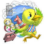 ambiguous_gender anthro bag beak clothing cloud feathers feet shirt solo talons toes topwear walking water yellow_body yellow_feathers bubonikku animal_crossing nintendo twiggy_(animal_crossing) avian bird 2015 hi_res female_(lore)