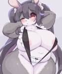 anthro areola areola_slip bangs belly big_breasts black_hair blush breasts clothing female fur grey_background grey_body grey_fur grey_hair hair multicolored_body multicolored_fur navel one_eye_closed raised_arms simple_background slightly_chubby slightly_chubby_female solo standing thick_thighs white_body white_fur wide_hips eigetsu meme_clothing yuio_maid_dress lagomorph leporid mammal rabbit absurd_res hi_res meme