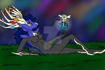 anthro anthrofied antlers black_body blue_body blue_flower blue_hair breasts duo female flower green_eyes hair horn plant pokemorph simple_background nintendo pokemon blue_flower_flabebe deer fairy flabebe generation_6_pokemon legendary_pokemon mammal pokemon_(species) xerneas xerneas_(active_mode) 3:2