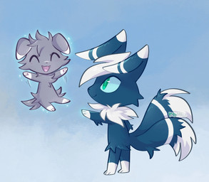 2_tails abstract_background ambiguous_gender biped blue_body blue_eyes blue_fur duo eyes_closed feral floating fur green_eyes grey_body grey_fur happy leg_markings levitating levitation looking_at_another male markings multi_tail neck_tuft open_mouth psychic_powers side_view socks_(marking) striped_markings striped_tail stripes tail tail_markings tuft white_body white_fur white_paws kyumeart nintendo pokemon espurr felid feline generation_6_pokemon mammal meowstic meowstic_(male) pokemon_(species) hi_res