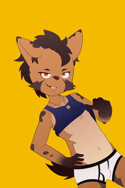 anthro bulge cheek_tuft clothing exhibitionism facial_tuft jewelry male necklace nipples red_eyes solo tail teasing teasing_viewer tongue tongue_out tuft underwear young young_anthro young_male kentobi hyena mammal absurd_res digital_media_(artwork) digital_painting_(artwork) hi_res painting_(artwork) photography_(artwork) portrait
