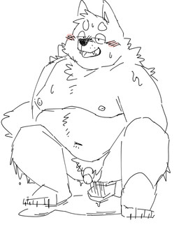 anthro balls belly blush flaccid genitals kemono male moobs navel nipples open_mouth overweight overweight_male penis simple_background solo white_background fugashi4090 canid canine canis domestic_dog mammal 2025 hi_res sketch