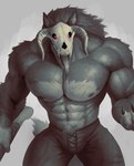 anthro big_pecs bodily_fluids bone bulge claws clothed clothing drooling front_view fur glowing glowing_eyes grey_body grey_fur male muscular muscular_anthro muscular_male pants_only pecs red_eyes saliva skull skull_head solo standing tongue tongue_out topless earthist canid mammal absurd_res hi_res