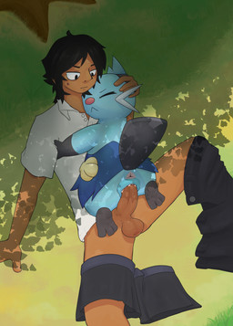 animal_genitalia animal_vulva anus bestiality biped black_ears black_tail blush blush_lines bodily_fluids brown_body brown_skin clothed clothing cum cum_in_vagina cum_inside duo female feral genital_fluids genitals grass interspecies male male/female mouth_closed partially_clothed plant pokephilia red_nose size_difference tail vulva whiskers konen nintendo pokemon dewott generation_5_pokemon human mammal mustelid pokemon_(species) absurd_res hi_res