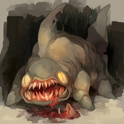 ambiguous_gender black_eyes blood blood_in_mouth bodily_fluids bone feral fin food grey_body grey_scales grey_tail meat multi_teeth notched_ear open_mouth quadruped scales shark_tail sharp_teeth solo tail teeth text three-quarter_view yellow_sclera sony-shock mewgenics daddy_shark_(mewgenics) aquatic fish monster shark 1:1 2023 artist_name colored detailed digital_drawing_(artwork) digital_media_(artwork) signature