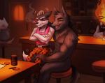 animal_print anthro bar blush bone bulge cheetah_print clothed clothing crossed_arms duo_focus eyes_closed fangs frown group hand_on_leg hand_on_thigh larger_male male male/male muscular nude on_lap open_mouth petting shirt sitting size_difference smaller_male smile smoking tank_top teeth topwear haychel undertale undertale_(series) doggo_(undertale) grillby ice_wolf_(undertale) lesser_dog canid canine canis domestic_dog mammal wolf 2016