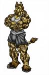 abs anthro biceps big_muscles biped bottomwear brown_body brown_fur brown_hair clothing crossed_arms facial_hair fur goatee green_eyes hair hooves horn huge_muscles male muscular muscular_anthro muscular_male ossicone pecs pose shirt shorts simple_background solo standing tank_top topwear vest white_background yellow_body yellow_fur zeusralo giraffe giraffid mammal hi_res