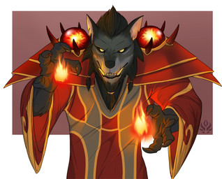 4_fingers anthro armor beard black_body black_claws black_fur black_hair black_lips black_nose border claws clothed clothing countershade_face countershade_fur countershading elemental_manipulation empty_eyes facial_hair fangs finger_claws fingers fire fire_manipulation front_view fur glowing glowing_eyes grey_body grey_fur grin hair lips logo looking_at_viewer magic magic_user male notched_ear open_mouth pink_background pink_inner_ear pointy_ears prick_ears red_clothing red_robe robe simple_background smile snout snout_from_the_front solo teeth white_border yellow_eyes jadedragoness blizzard_entertainment warcraft canid canine mammal werecanid werecreature worgen 2018 artist_logo digital_media_(artwork) digital_painting_(artwork) half-length_portrait painting_(artwork) portrait shaded