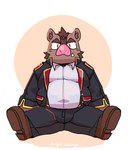 anthro belly bottomwear brown_body clothing kemono male overweight overweight_male pants shirt simple_background sitting solo topwear dubudubudubudub knights_college hermann_(knights_college) mammal suid suina sus_(pig) wild_boar 2023 hi_res