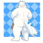 anthro belly blush butt covering covering_crotch embarrassed fur male nude overweight rear_view solo topknot white_body white_fur yaki_atsuage lifewonders live_a_hero yohack canid canine canis domestic_dog mammal nordic_sled_dog samoyed spitz 1:1 hi_res