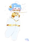 anthro arms_tied ball_gag blue_hair blush blushing_profusely bound bra breasts cleavage clothed clothing eyes_closed female female_anthro fetish_gear gag hair horn leash leash_pull legs_tied navel simple_background solo tail tail_motion tailwag thick_thighs underwear white_background scorci golden_week chelsi bovid caprine mammal sheep 2025 hi_res