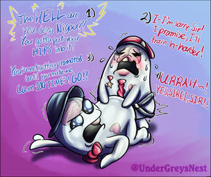 accessory all_fours anal anal_penetration angry beret black_border blush bodily_fluids border bow_tie brain clothing command dialogue doggystyle duo eyes_closed female female_penetrating female_penetrating_male flying_sweatdrops from_behind_position gradient_background hat headgear headwear heart_symbol lips machine male male/female male_penetrated medal mitten_hands monotone_body motion_lines necktie nervous object_in_ass one_tooth open_mouth organs pegging penetration sex sex_toy sex_toy_in_ass sex_toy_insertion simple_background standing strapon strapon_in_ass struggling sweat sweatdrop text toying_partner training translucent translucent_body upset white_body undergreysnest the_hundred_line:_last_defense_academy nigou_(thllda) sirei robot 2025 colored dated english_text shaded signature watermark